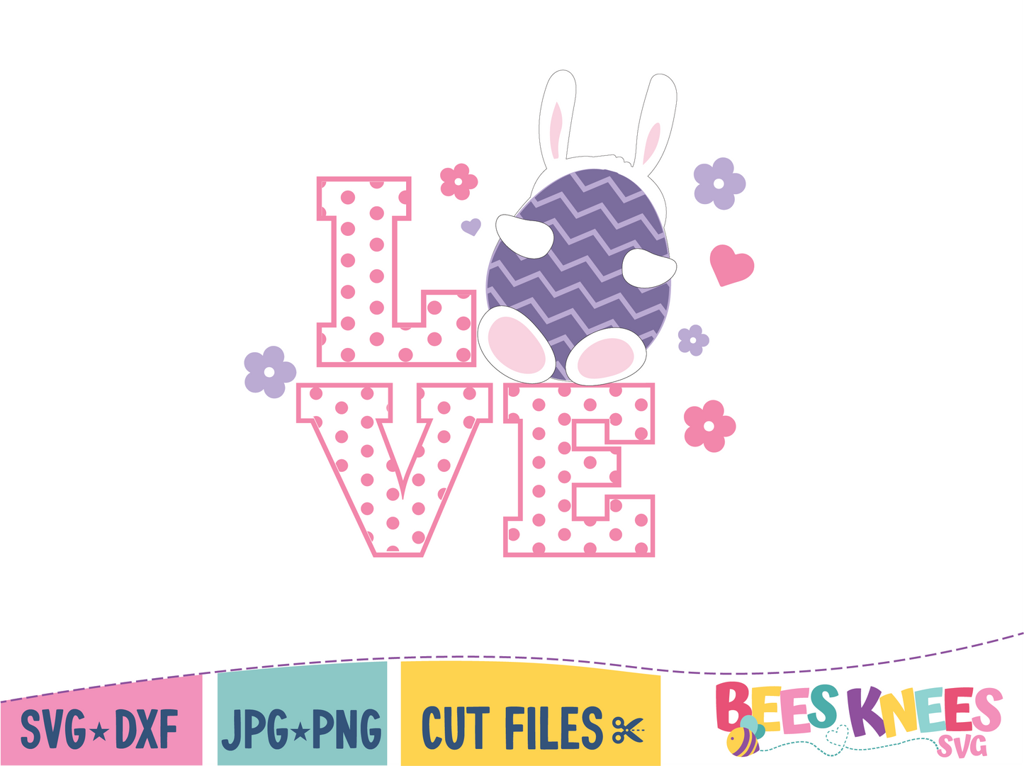 The word LOVE, but the O is replaced with a bunny holding a easter egg with zig zag stripes. SVG cut file digital download Cricut