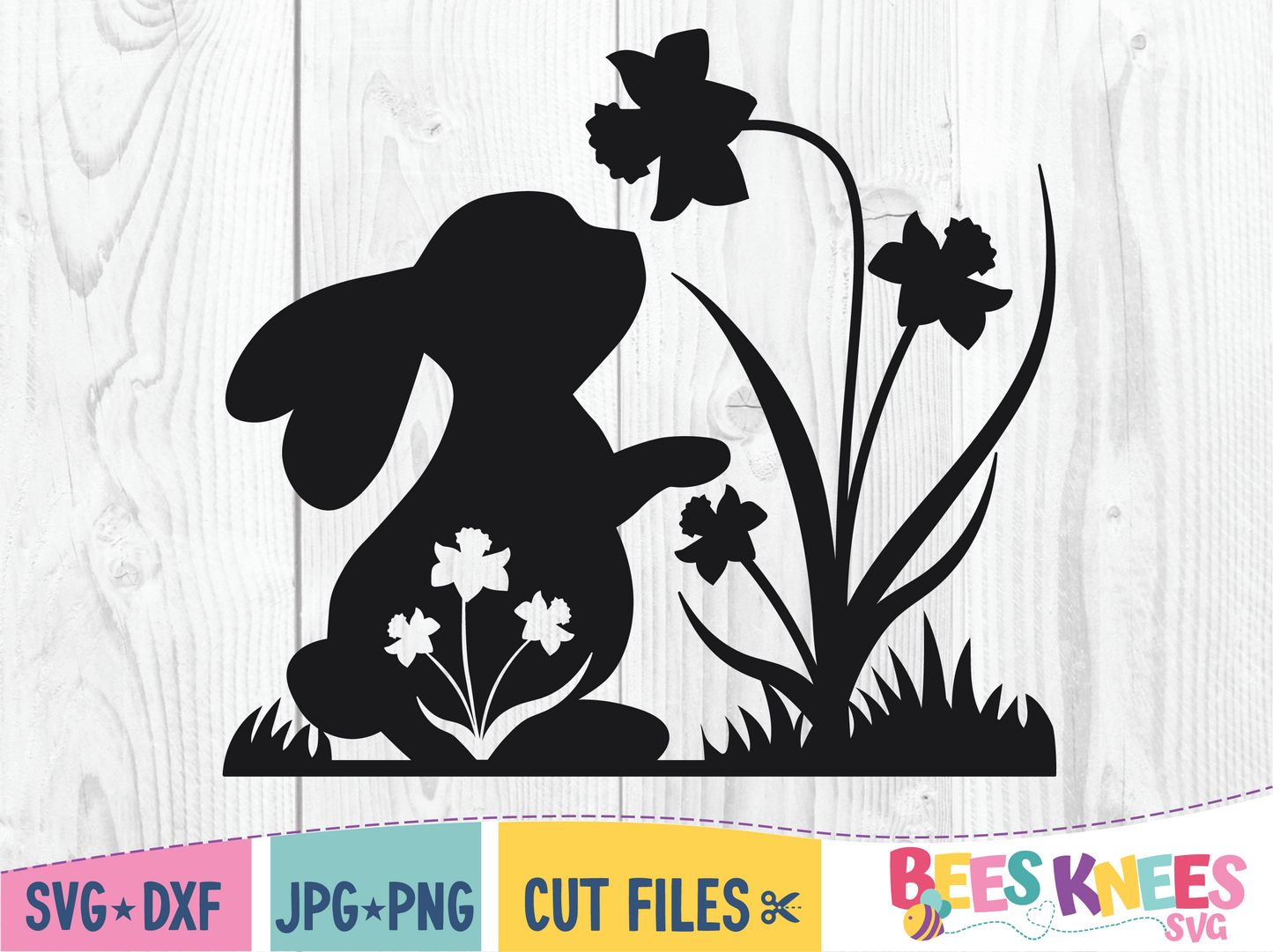 Bunny Silhouette Smelling daffodil flowers svg cut file digital download for Cricut or Silhouette