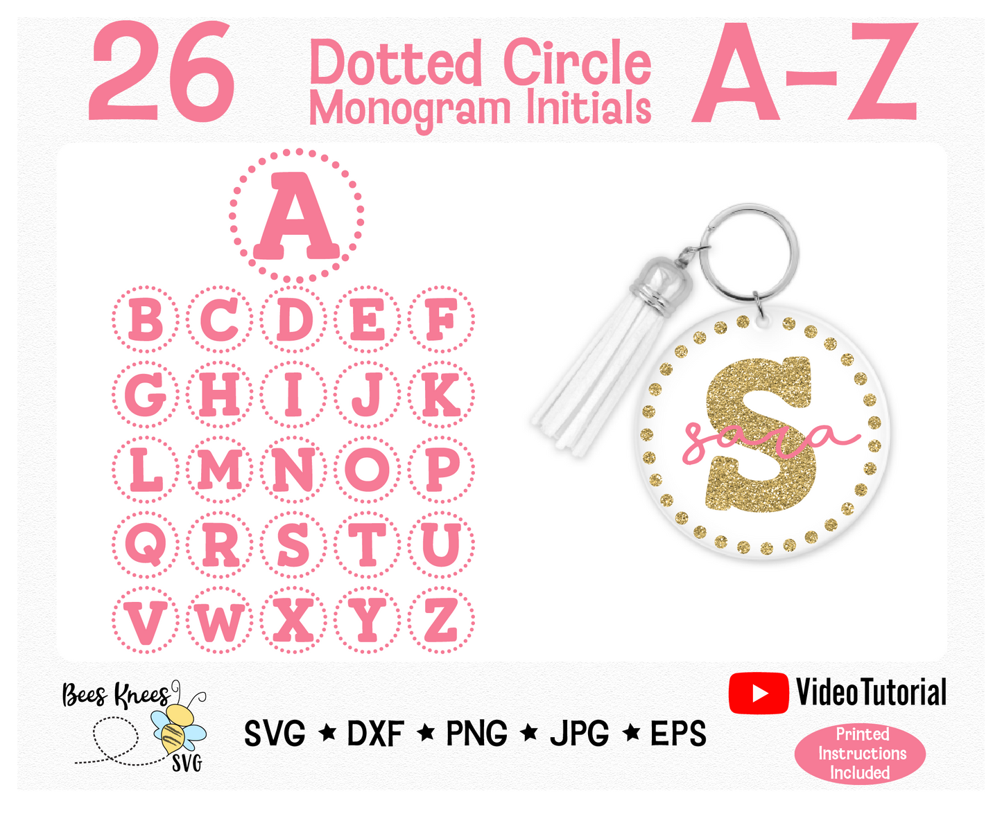 Initial Monogram A - Z Round Dot Keychain SVG Cut Files