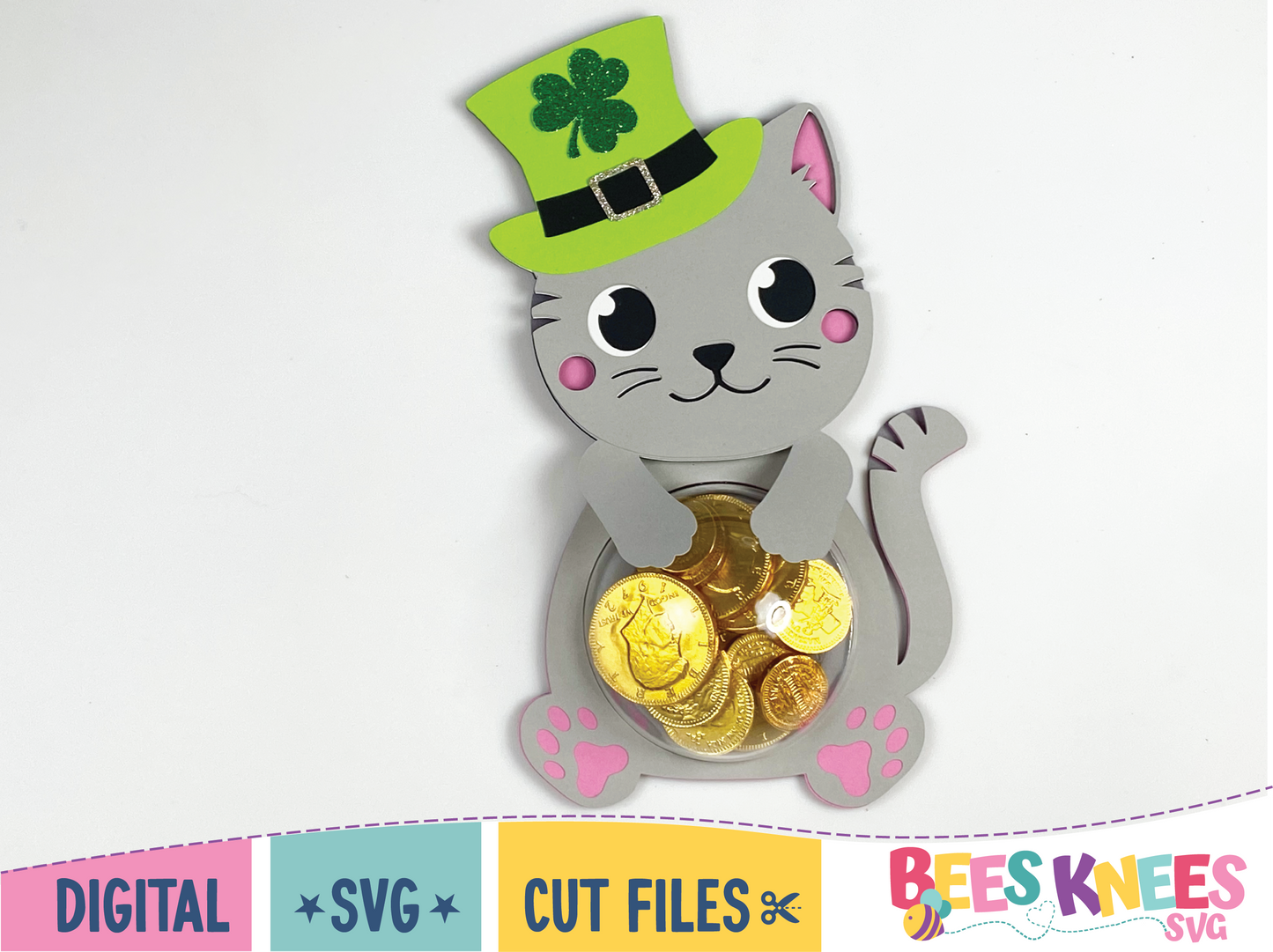 Cute St. Patrick's Day Irish Cat Candy Holder. Cat has an Irish hat on. Digital Download SVG Cut File for Cricut or Silhouette.
