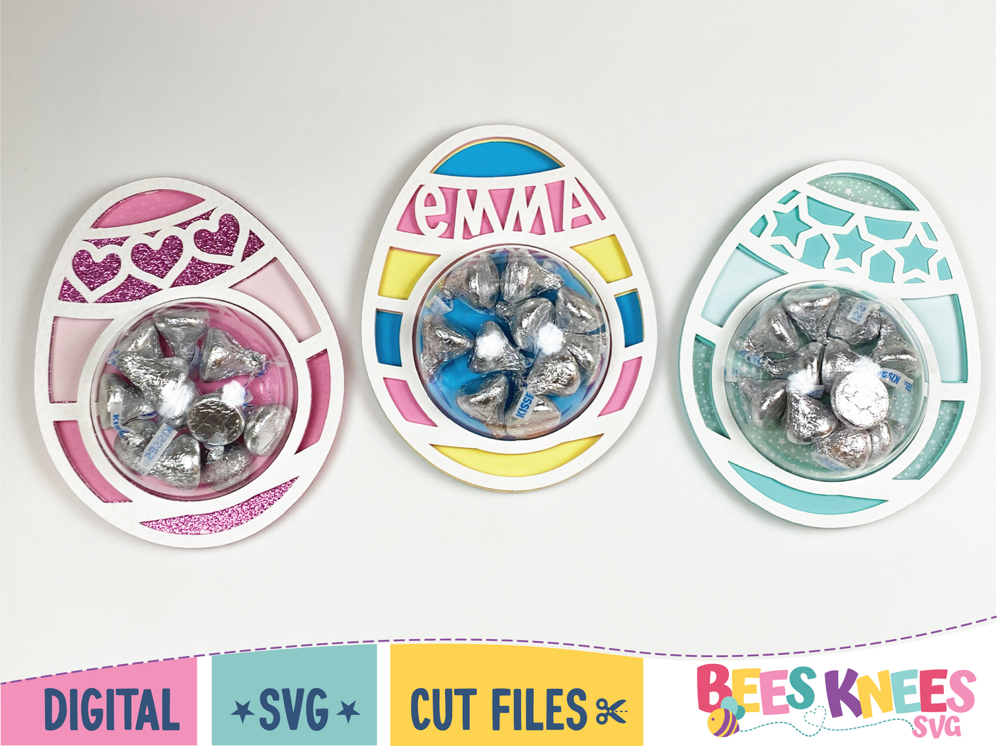 Cute cardstock easter egg candy holders. Designed with hearts and stars. One egg can be personalized with a name. SVG digital download cut files.