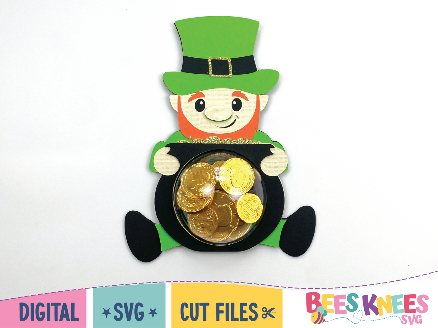 Leprechaun holding a pot of gold candy holder. Digital download SVG cut file for Cricut or Silhouette