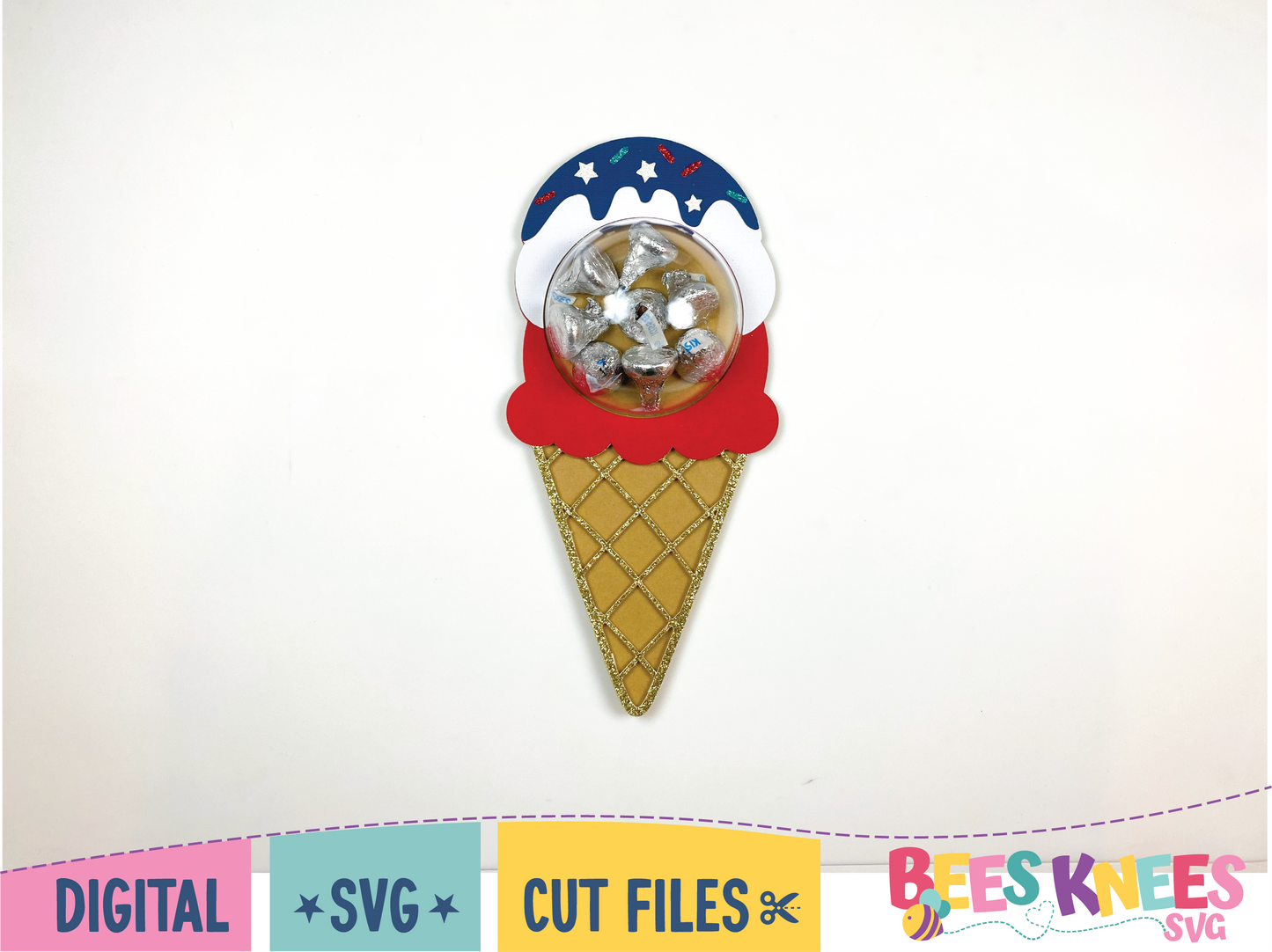 Patriotic Red White and Blue Ice Cream Cone Candy Holder. Digital Download SVG Cut File for Cricut or Silhouette.