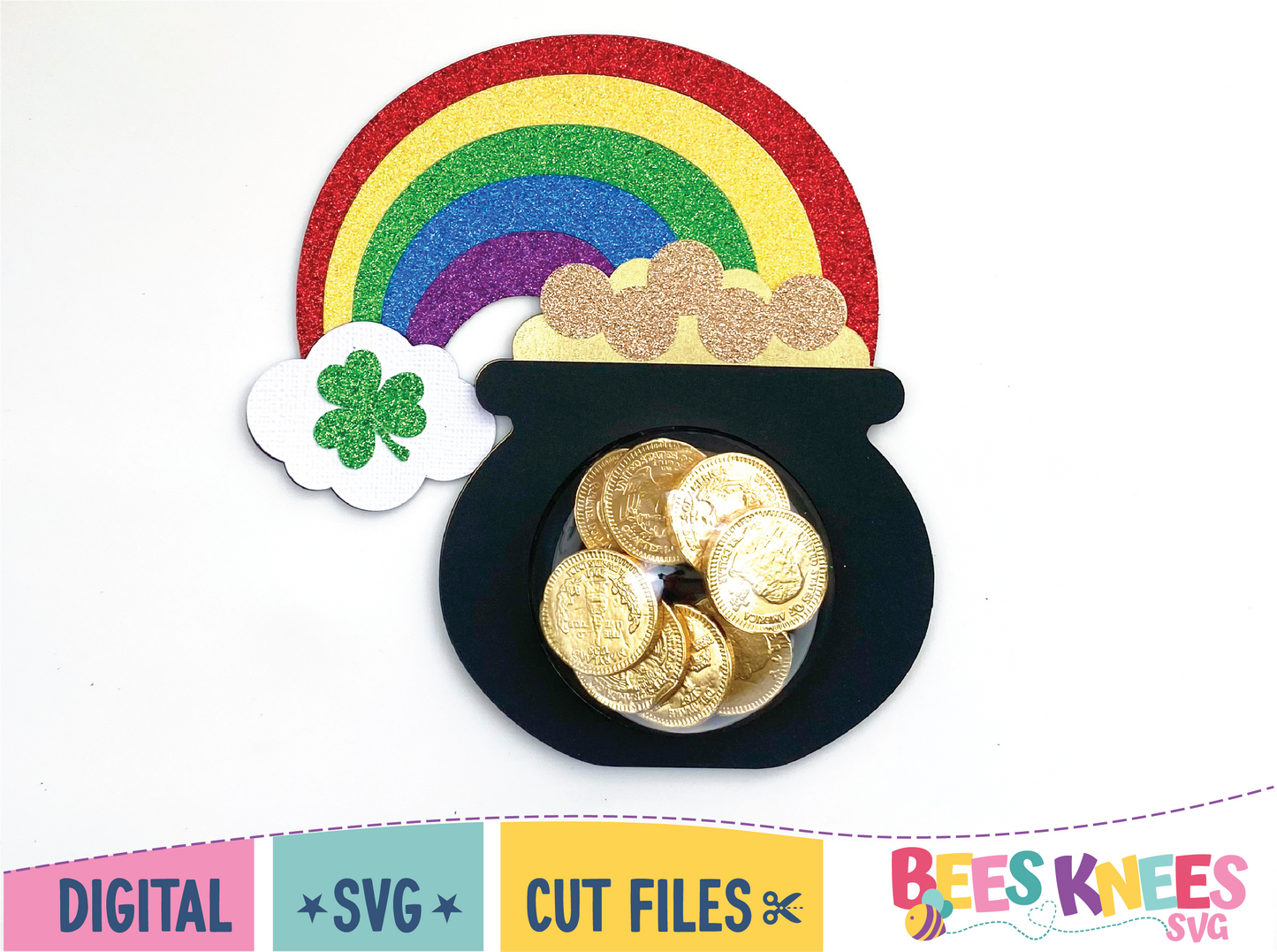 Pot of gold at the end of a rainbow candy holder. Digital download SVG cut file for Cricut or Silhouette.