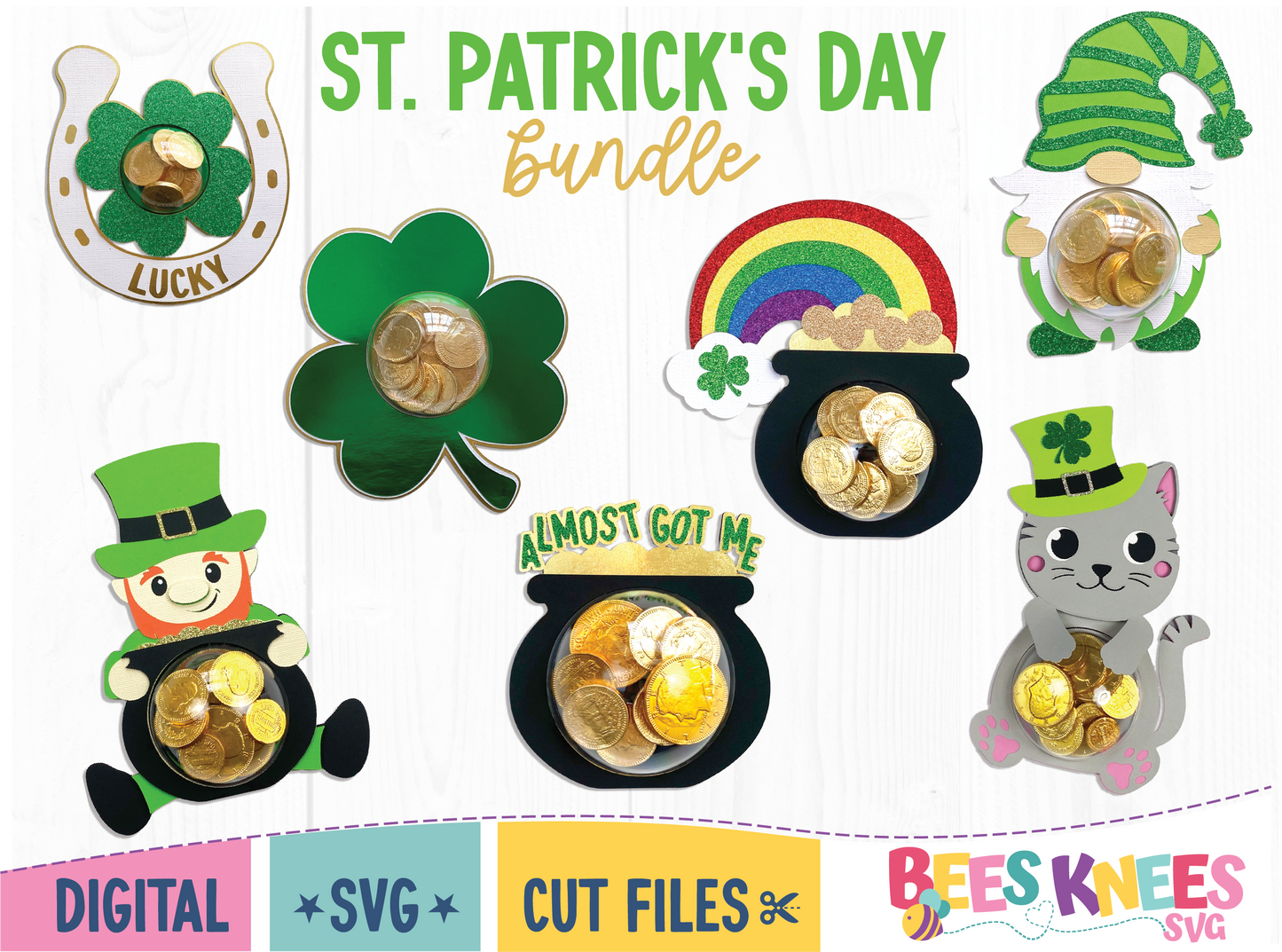 St. Patrick's Day Candy Holder Bundle. Includes Irish themed holders like lucky horseshoe, lucky gnome, leprechaun, rainbow and pot of gold, shamrock, irish cat and leprechaun trap. Digital download SVG cut file for Cricut or Silhouette.