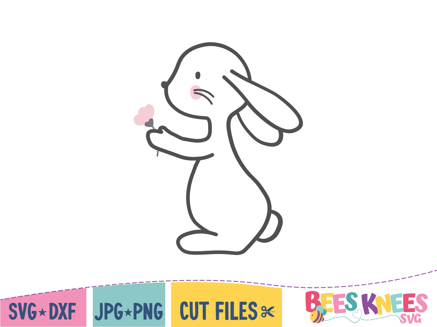 Sweet Bunny with it's ears back holding pink flower.