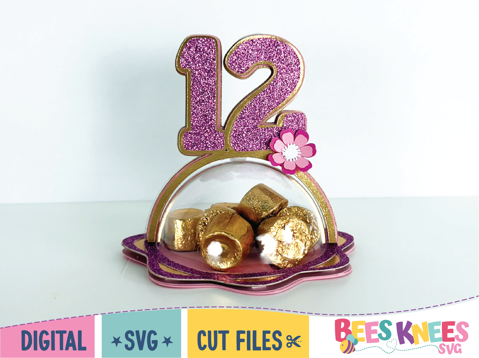 Decorative number '12' candy holder with gold elements on a white background, 