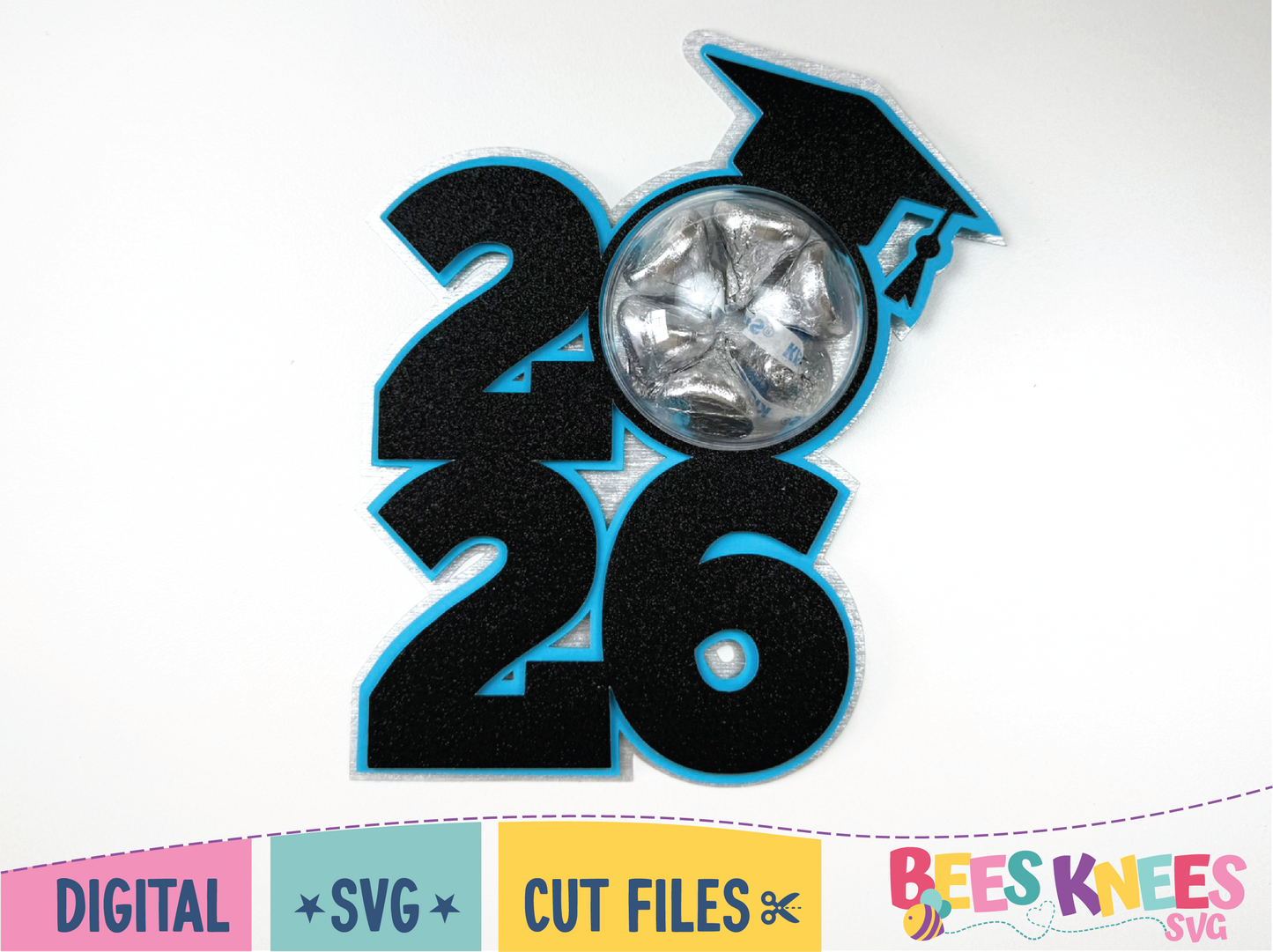Digital cut file with '2026' design and graduation cap on a white background, featuring the Bees Knees SVG brand.