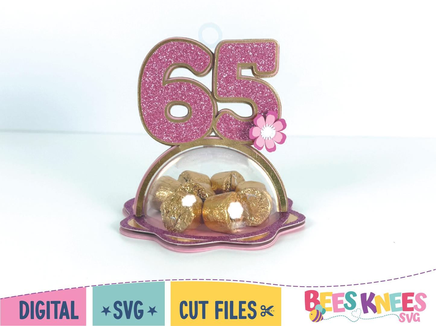 Decorative number '65' with pink glitter and gold elements on a white background, featuring the Bees Knees SVG logo.
