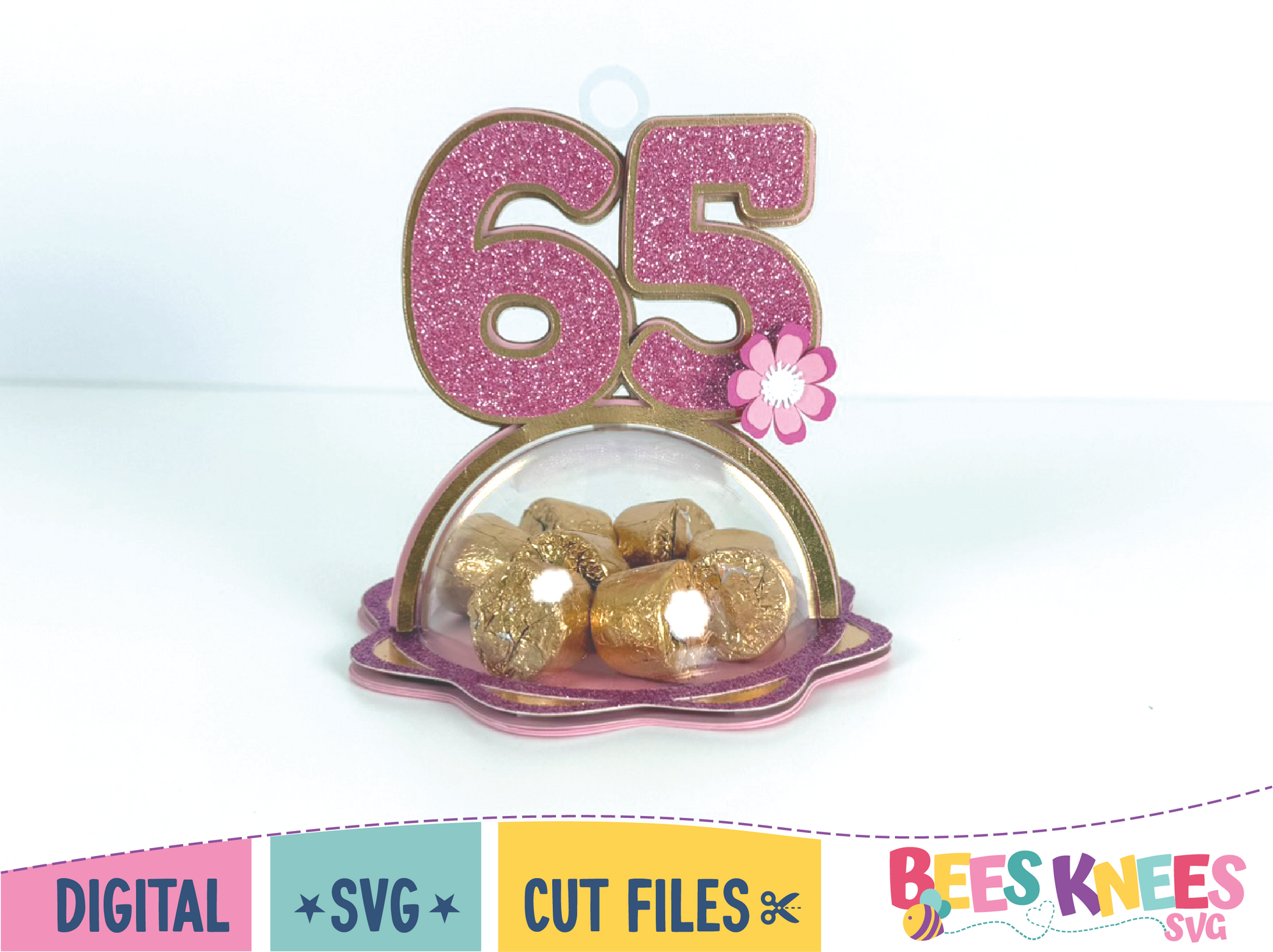Decorative number '65' with pink glitter and gold elements on a white background, featuring the Bees Knees SVG logo.