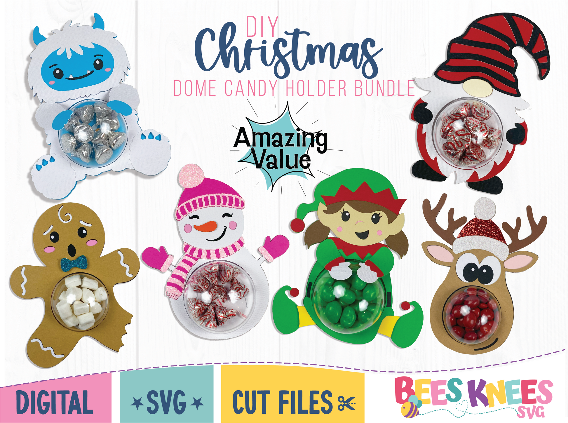 Cute Christmas Dome Candy Holders. Includes Christmas gnome, yeti, gingerbread man with bitten leg, snowman girl, girl elf, reindeer with large nose. SVG cut file digital download for Cricut or Silhouette