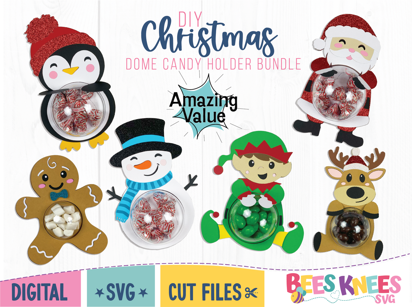 Christmas Bundle Dome Candy Holders SVG Cut File digital download for Cricut or Silhouette. Includes Santa, penguin with hat, gingerbread man, snowman, elf boy, reindeer