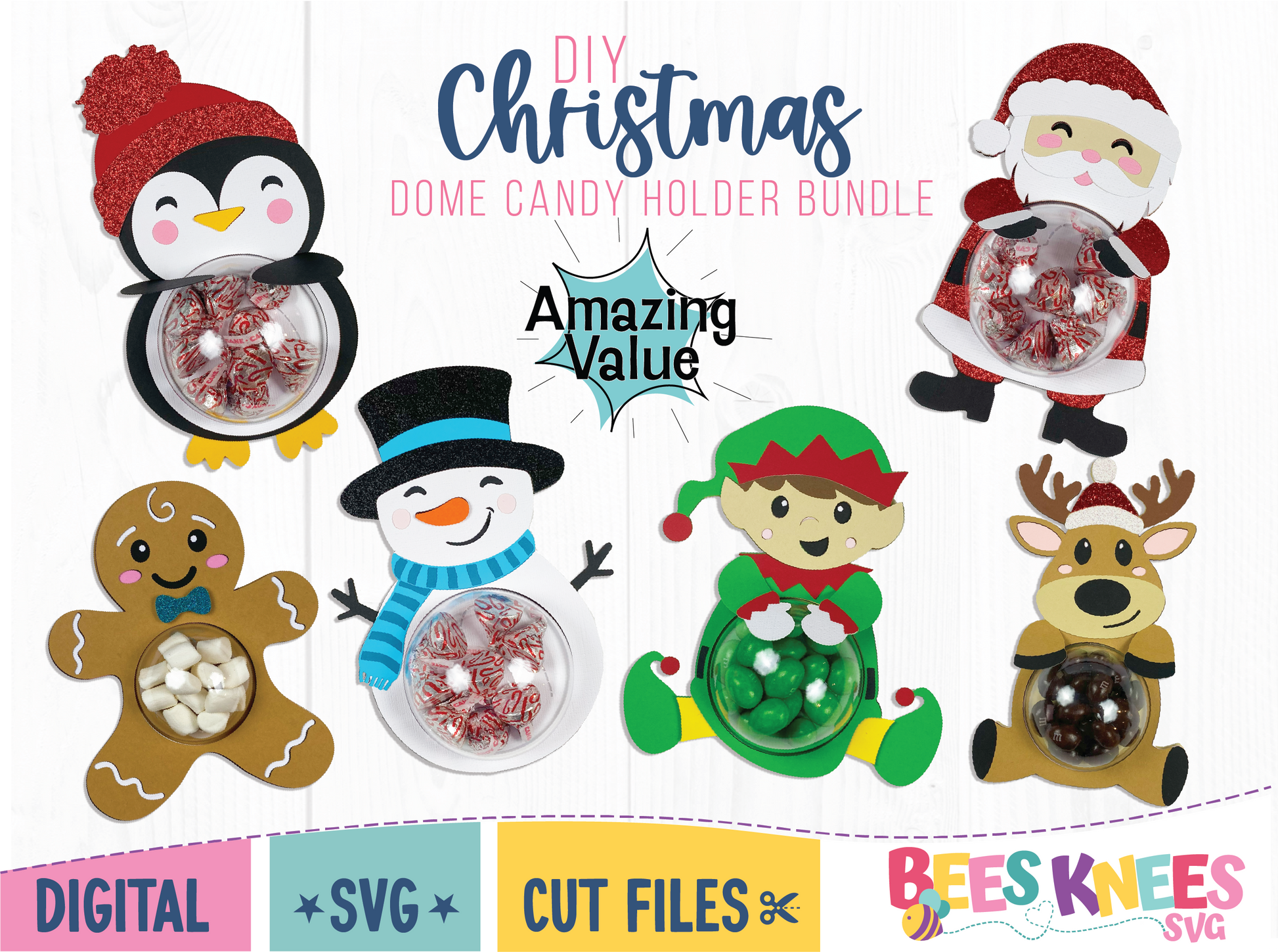 Christmas Bundle Dome Candy Holders SVG Cut File digital download for Cricut or Silhouette. Includes Santa, penguin with hat, gingerbread man, snowman, elf boy, reindeer