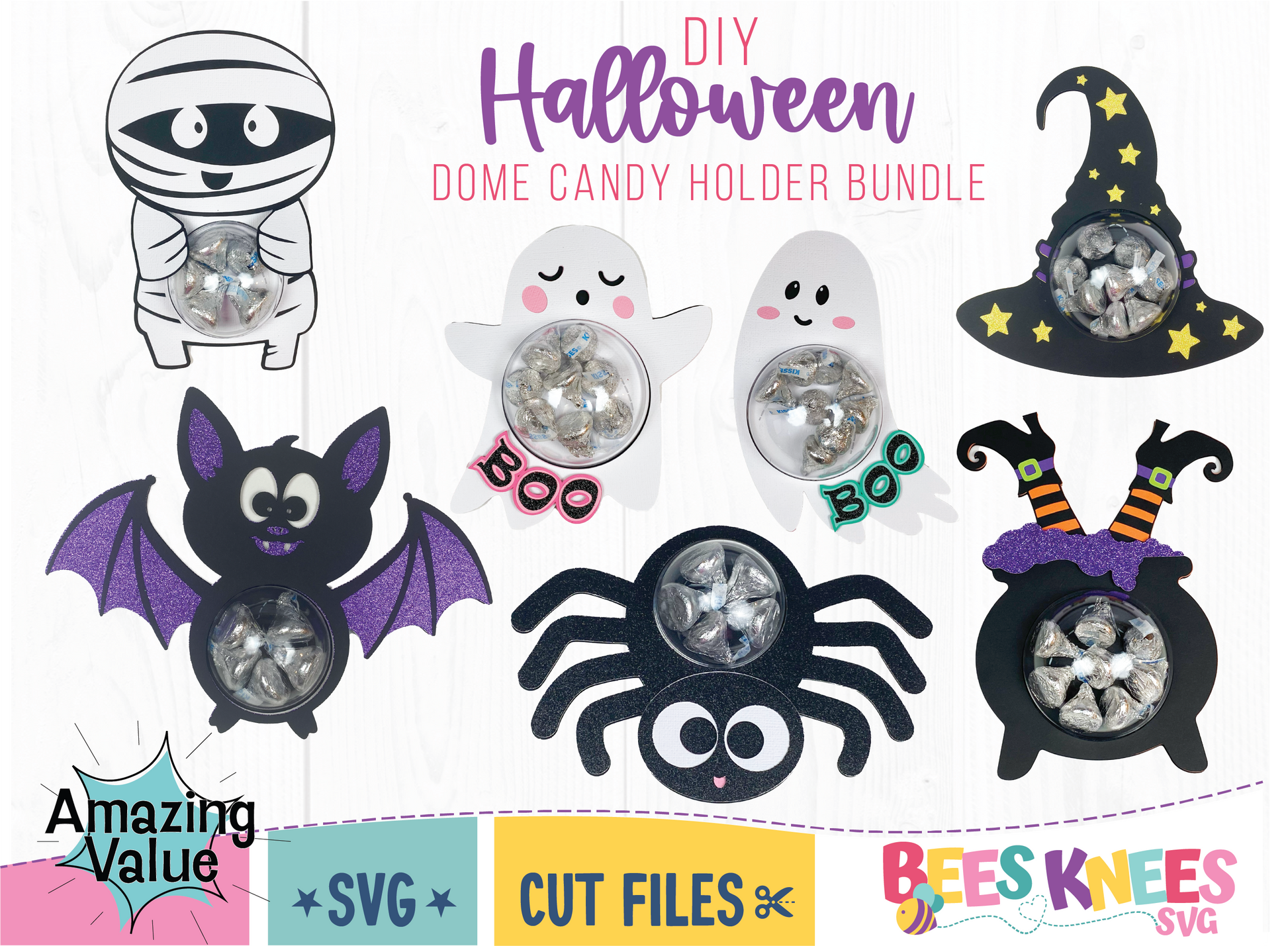 Cute Halloween Dome Candy Holder Bundle. Includes mummy, bat, spider, ghosts, wizard hat and witches brew cauldron. SVG cut files digital download for Cricut or Silhouette