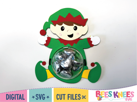 Colorful elf-shaped candy holder with a clear center on a white background. SVG digital download file.