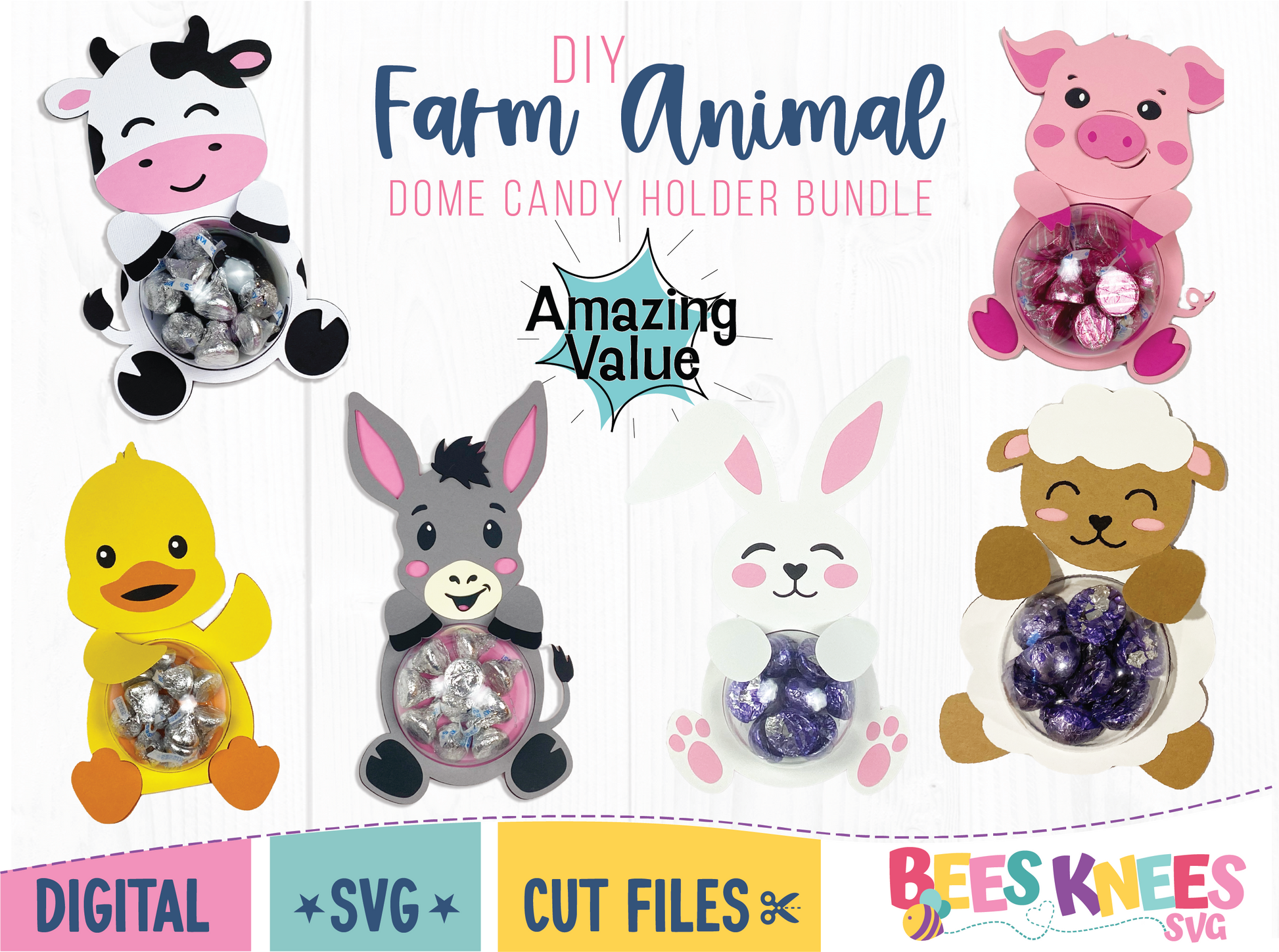 DIY farm animal dome candy holder SVG cut files bundle.  Includes designs for a cow, pig, donkey, bunny, lamb, and duck. Each animal holds a clear dome for candy.  The designs are in various shades of gray, brown, pink, and white against a light background.  The text 'DIY Farm Animal Dome Candy Holder Bundle' and 'Amazing Value' are displayed prominently.  Digital SVG cut files are specified.