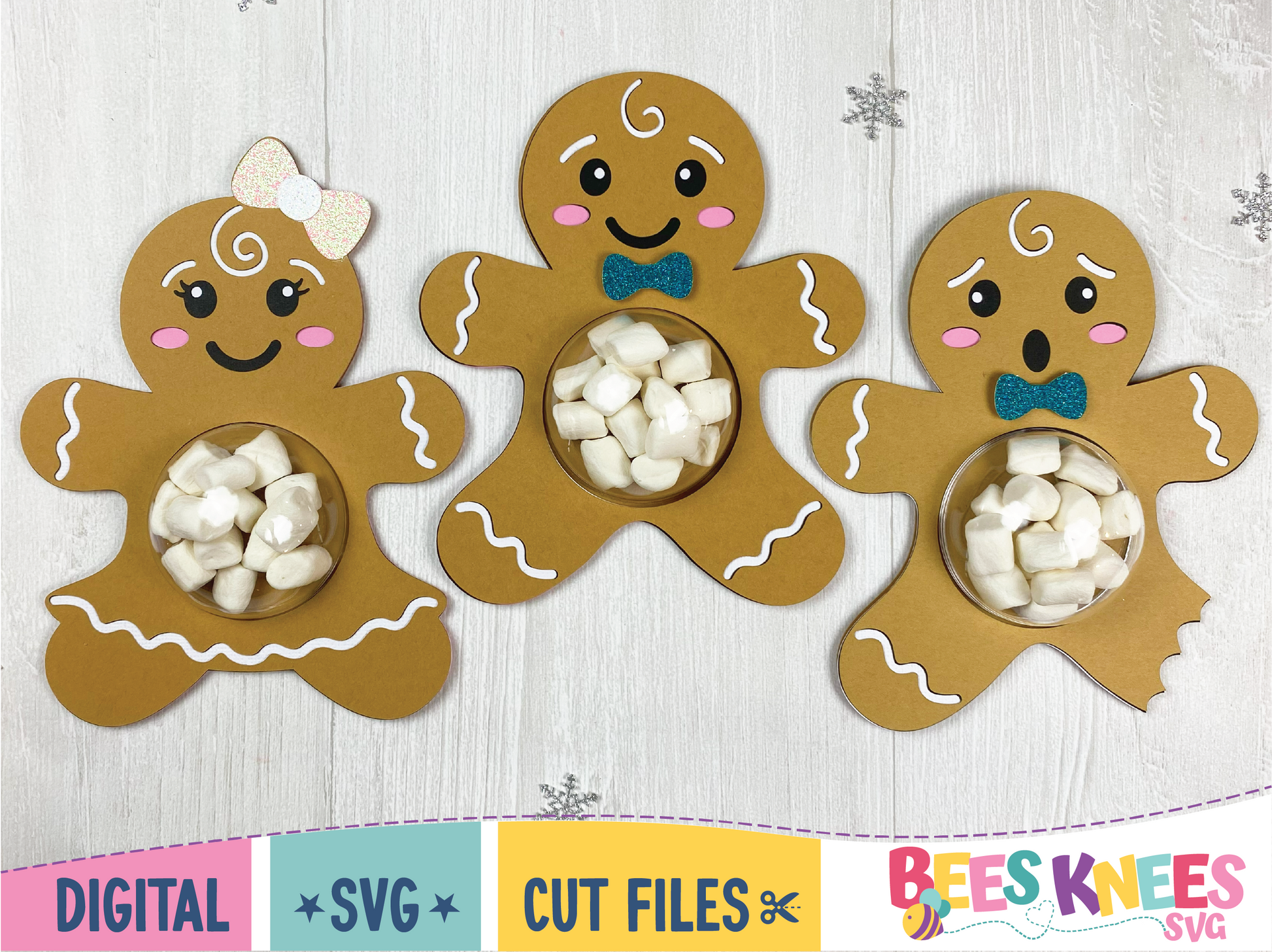 Holiday gingerbread trio dome candy holder. Includes gingerbread girl, gingerbread man and gingerbread man with a bitten leg. SVG cut files for Cricut or Silhouette