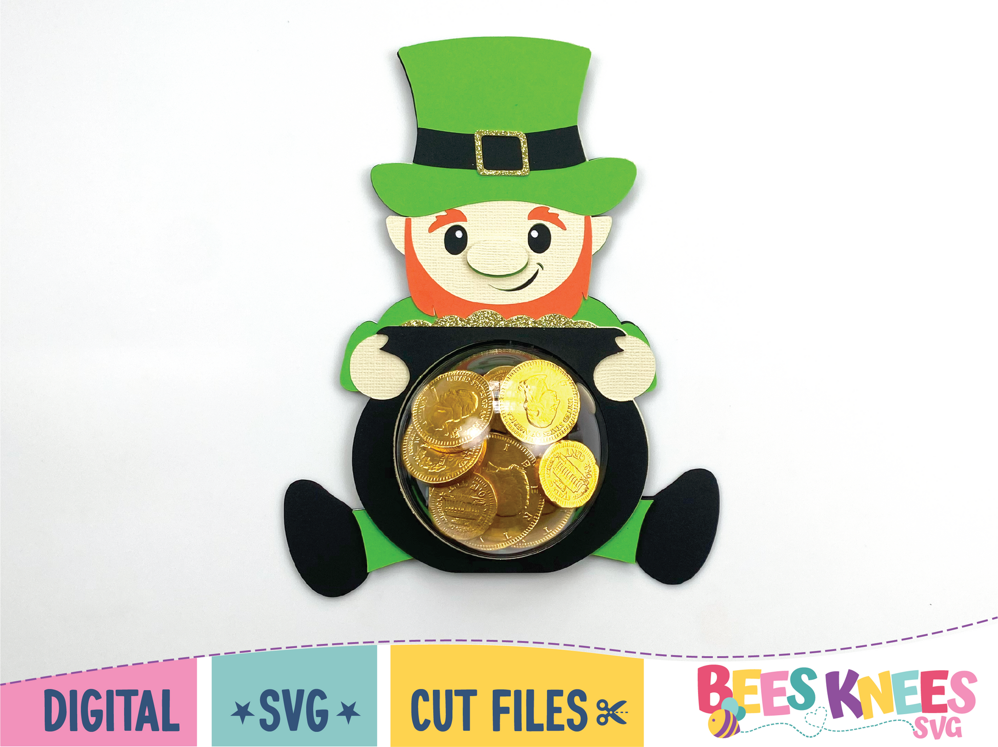 Leprechaun holding a pot of gold candy holder. Digital download SVG cut file for Cricut or Silhouette
