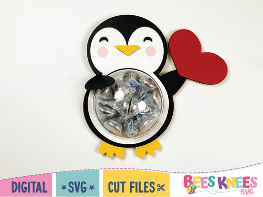 Cute penguin holding a heart candy holder. SVG cut file digital download for Cricut or Silhouette.